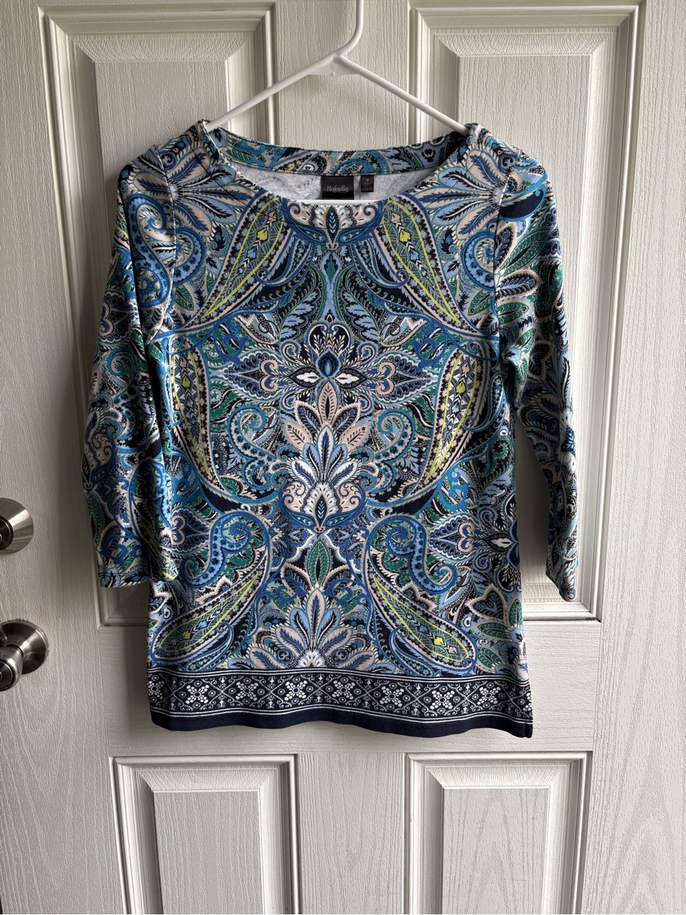 Rafaella Women’s Medium 100% Cotton Blue Green Paisley Print Long Sleeve Top